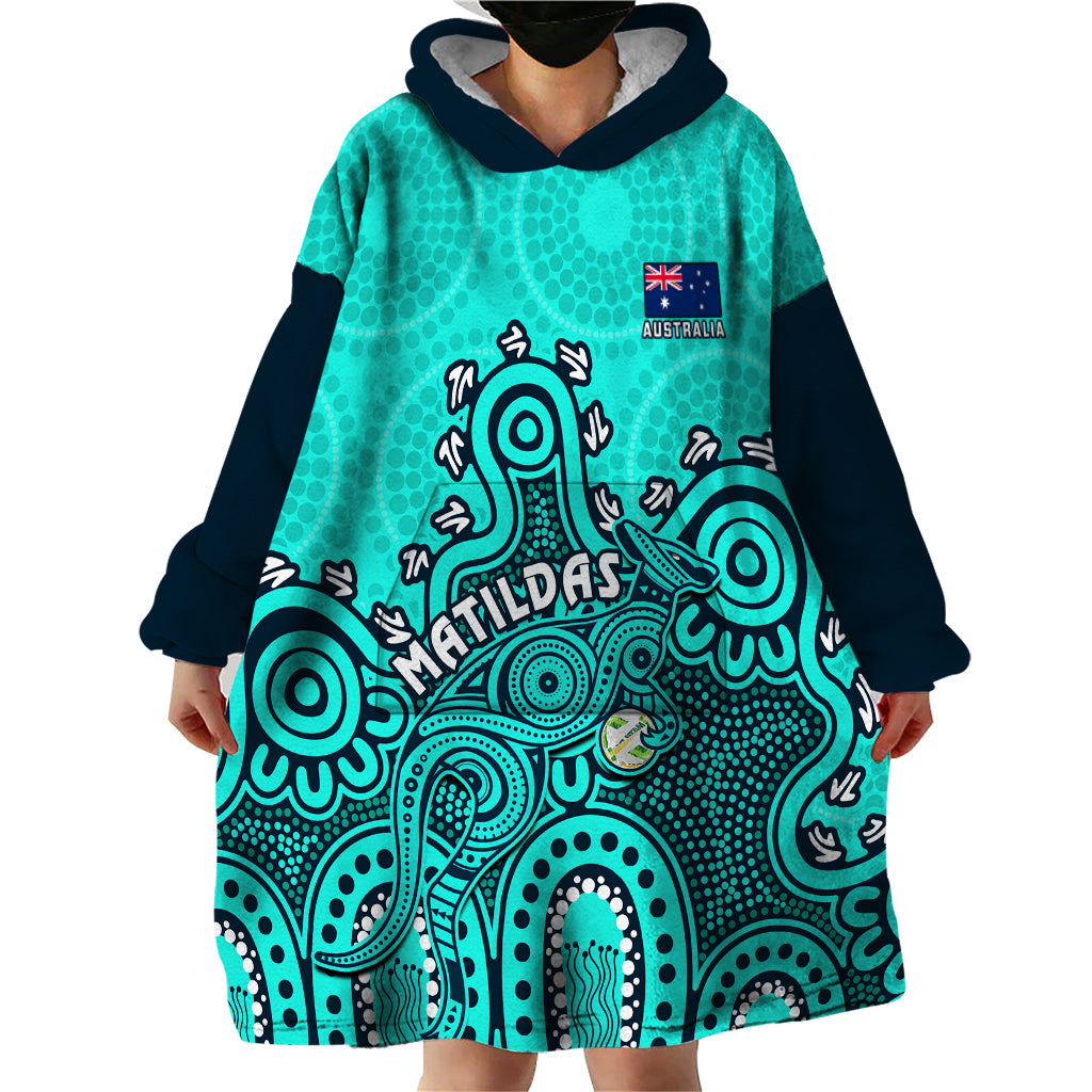 personalised-australia-soccer-wearable-blanket-hoodie-aboriginal-turquoise-2023-world-cup-with-kangaroo