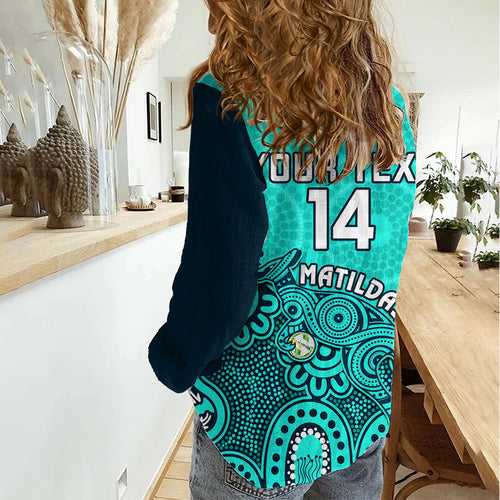 Personalised Australia Soccer Women Casual Shirt Aboriginal Turquoise 2023 World Cup With Kangaroo LT14