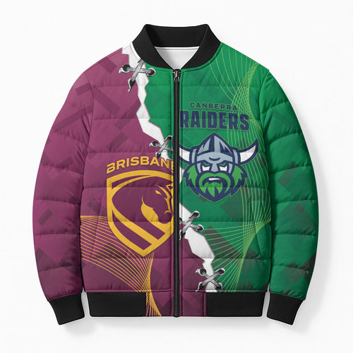 Broncos and Raiders Rugby Custom Bomber Puffer Jacket Dynamic Version