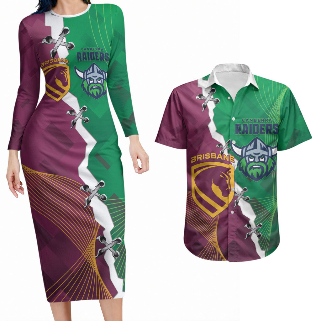 Broncos and Raiders Rugby Custom Couples Matching Long Sleeve Bodycon Dress and Hawaiian Shirt Dynamic Version