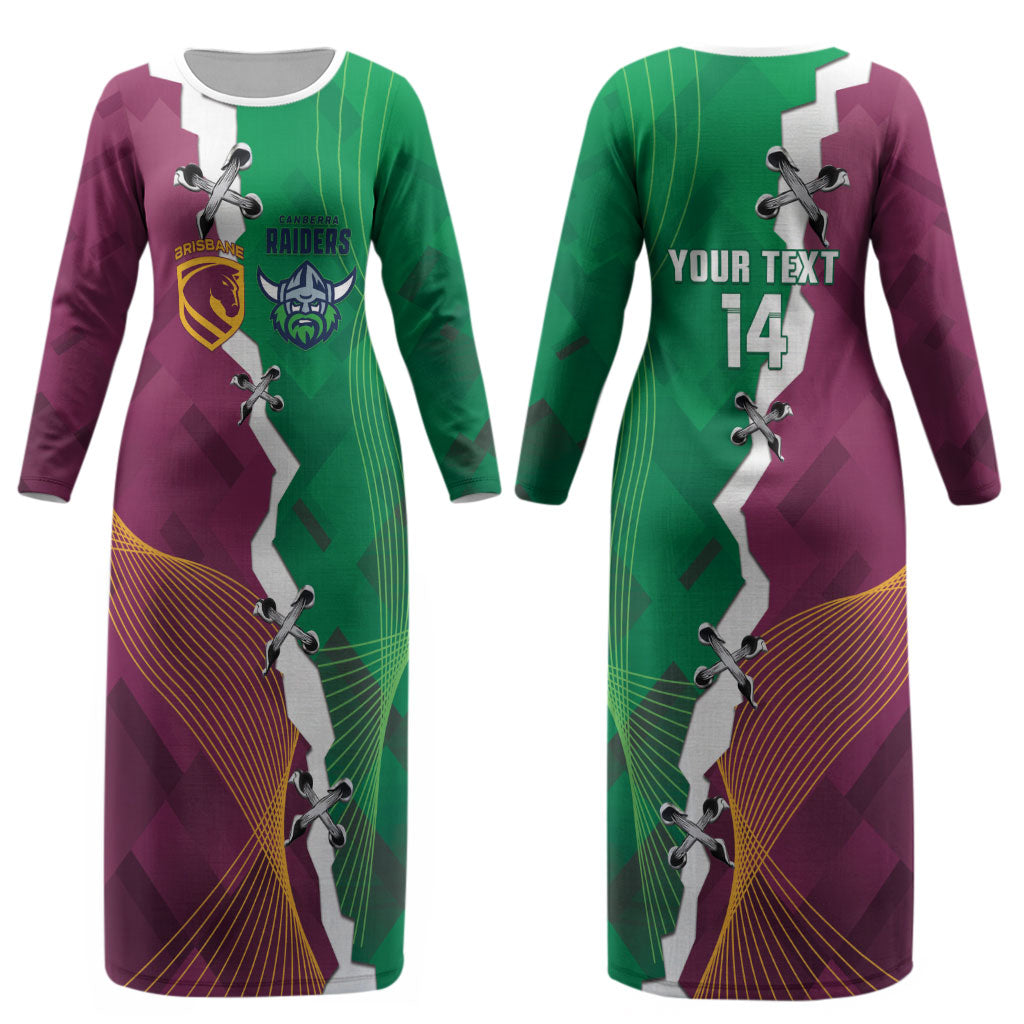 Broncos and Raiders Rugby Custom Couples Matching Long Sleeve Bodycon Dress and Hawaiian Shirt Dynamic Version