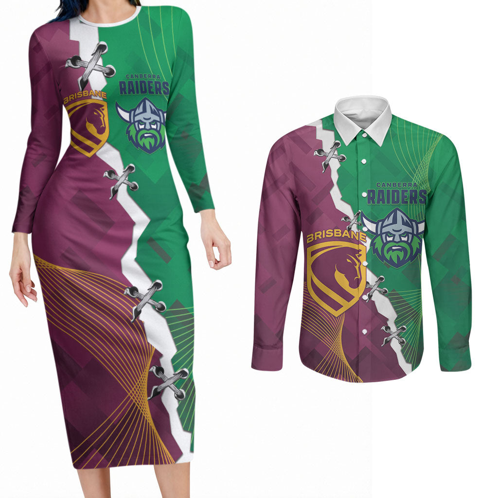 Broncos and Raiders Rugby Custom Couples Matching Long Sleeve Bodycon Dress and Long Sleeve Button Shirt Dynamic Version