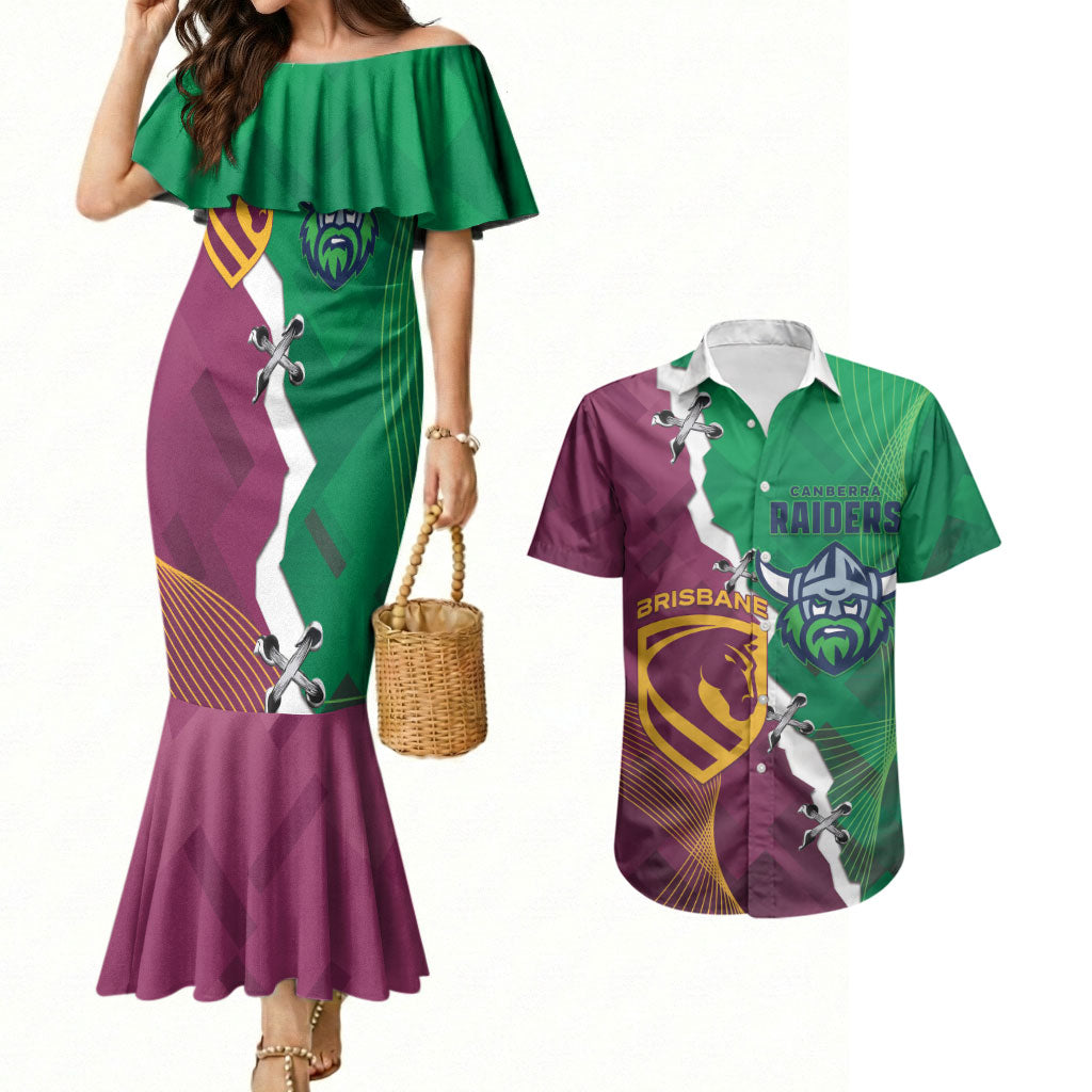 Broncos and Raiders Rugby Custom Couples Matching Mermaid Dress and Hawaiian Shirt Dynamic Version