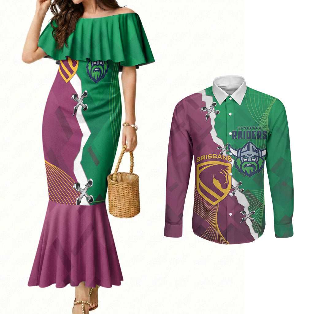 Broncos and Raiders Rugby Custom Couples Matching Mermaid Dress and Long Sleeve Button Shirt Dynamic Version