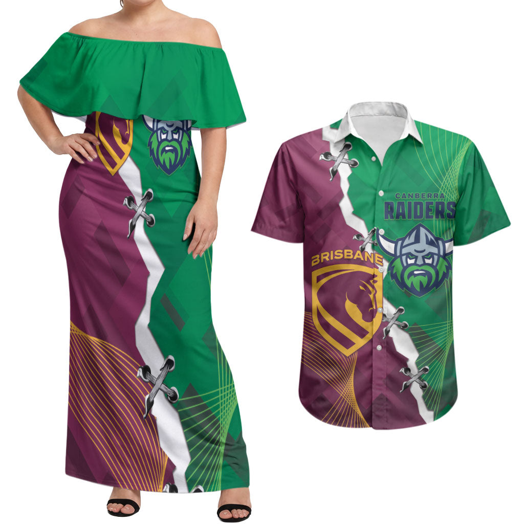 Broncos and Raiders Rugby Custom Couples Matching Off Shoulder Maxi Dress and Hawaiian Shirt Dynamic Version