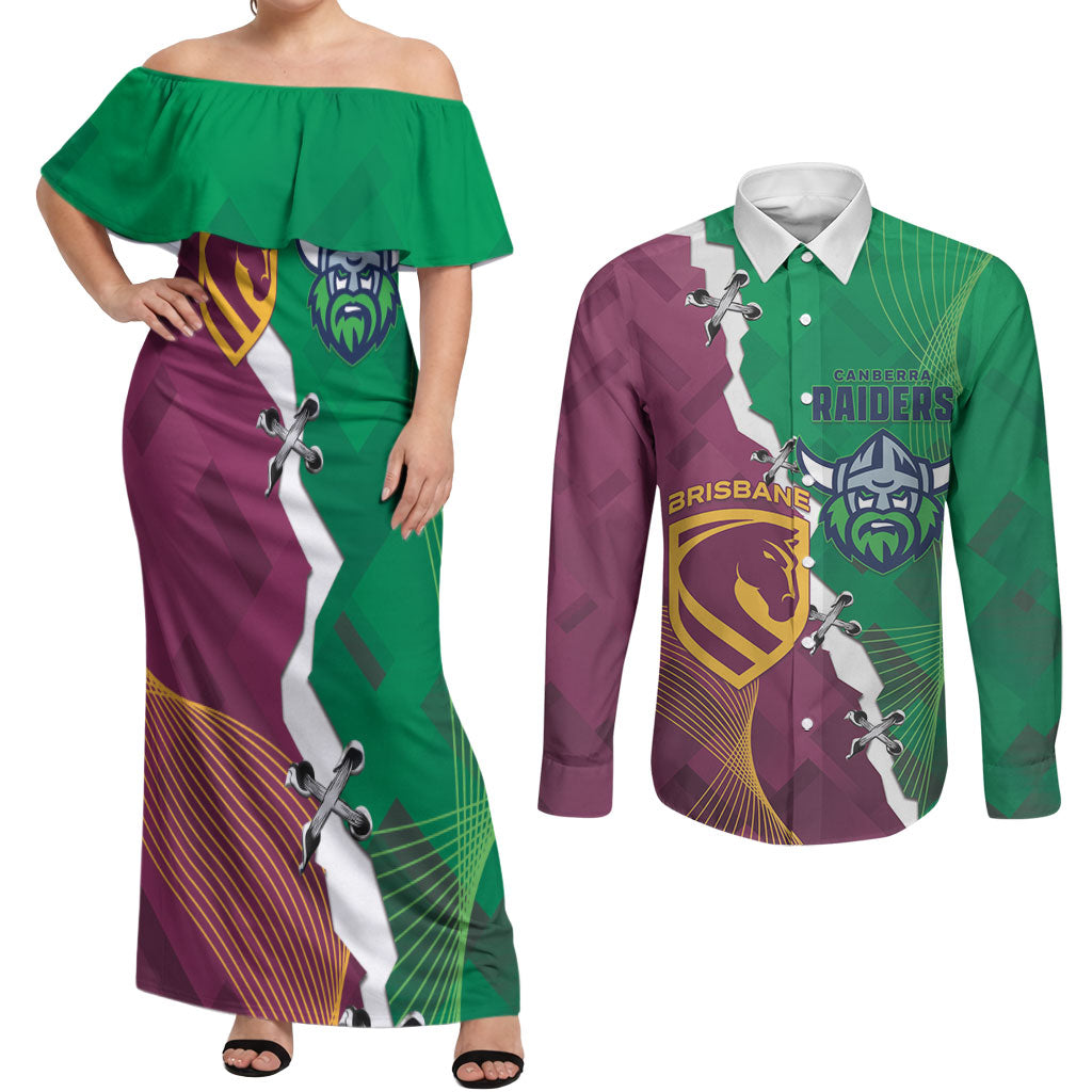 Broncos and Raiders Rugby Custom Couples Matching Off Shoulder Maxi Dress and Long Sleeve Button Shirt Dynamic Version