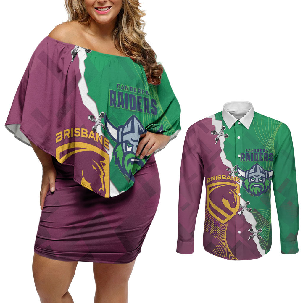Broncos and Raiders Rugby Custom Couples Matching Off Shoulder Short Dress and Long Sleeve Button Shirt Dynamic Version