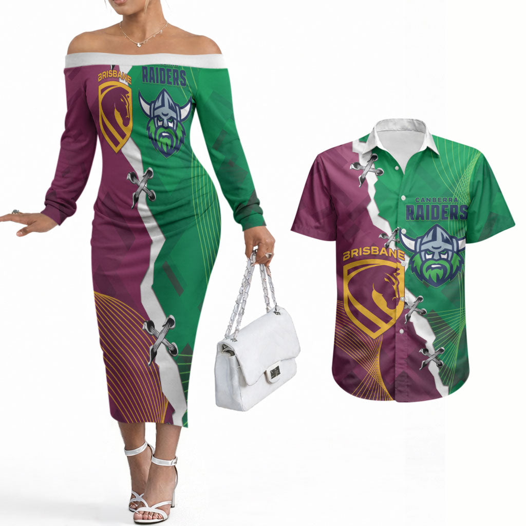 Broncos and Raiders Rugby Custom Couples Matching Off The Shoulder Long Sleeve Dress and Hawaiian Shirt Dynamic Version