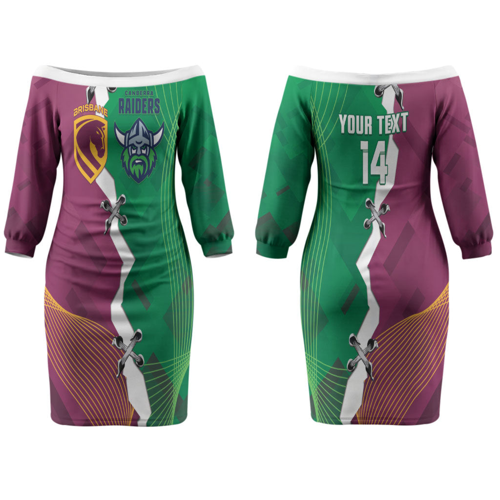 Broncos and Raiders Rugby Custom Couples Matching Off The Shoulder Long Sleeve Dress and Hawaiian Shirt Dynamic Version