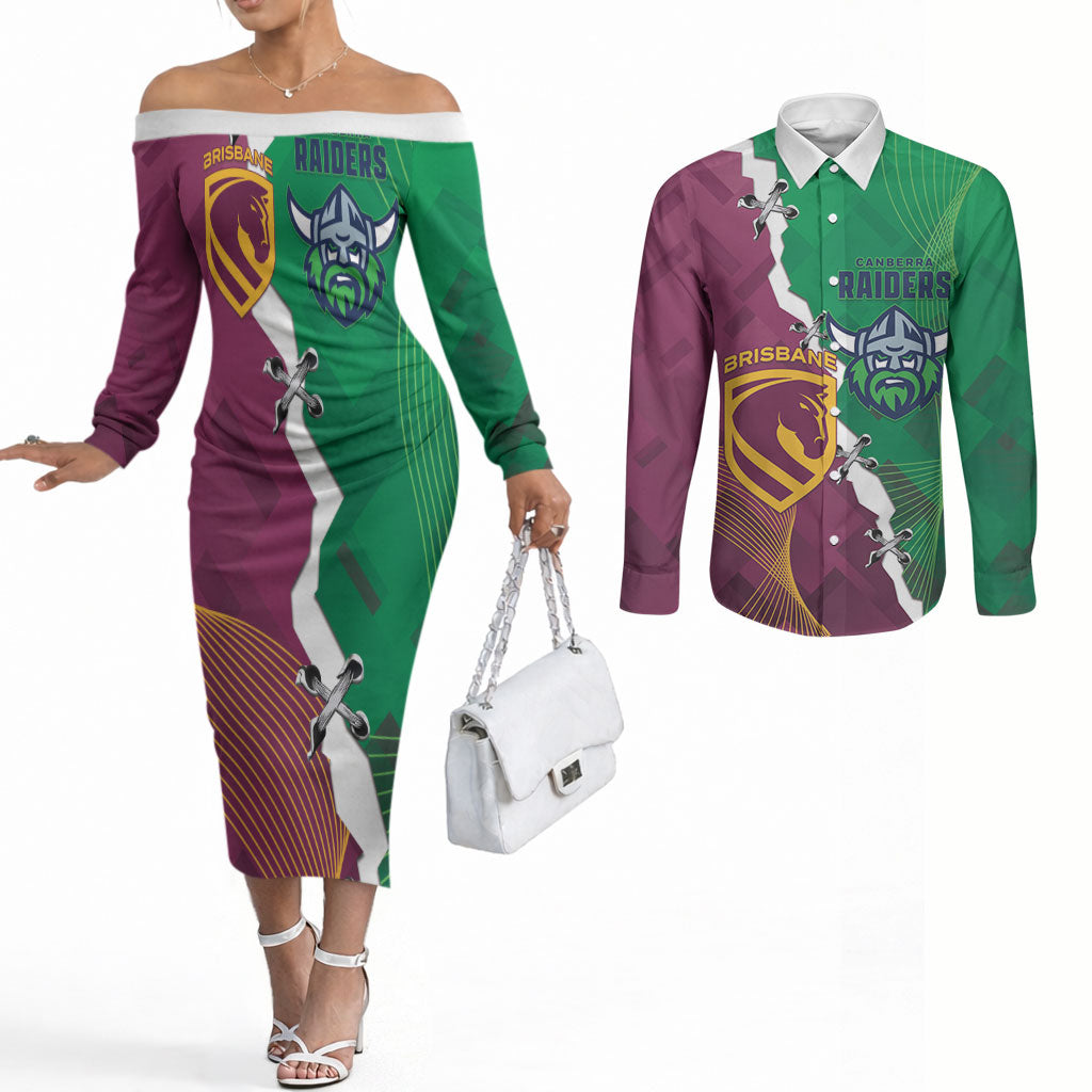 Broncos and Raiders Rugby Custom Couples Matching Off The Shoulder Long Sleeve Dress and Long Sleeve Button Shirt Dynamic Version