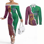 Broncos and Raiders Rugby Custom Couples Matching Off The Shoulder Long Sleeve Dress and Long Sleeve Button Shirt Dynamic Version