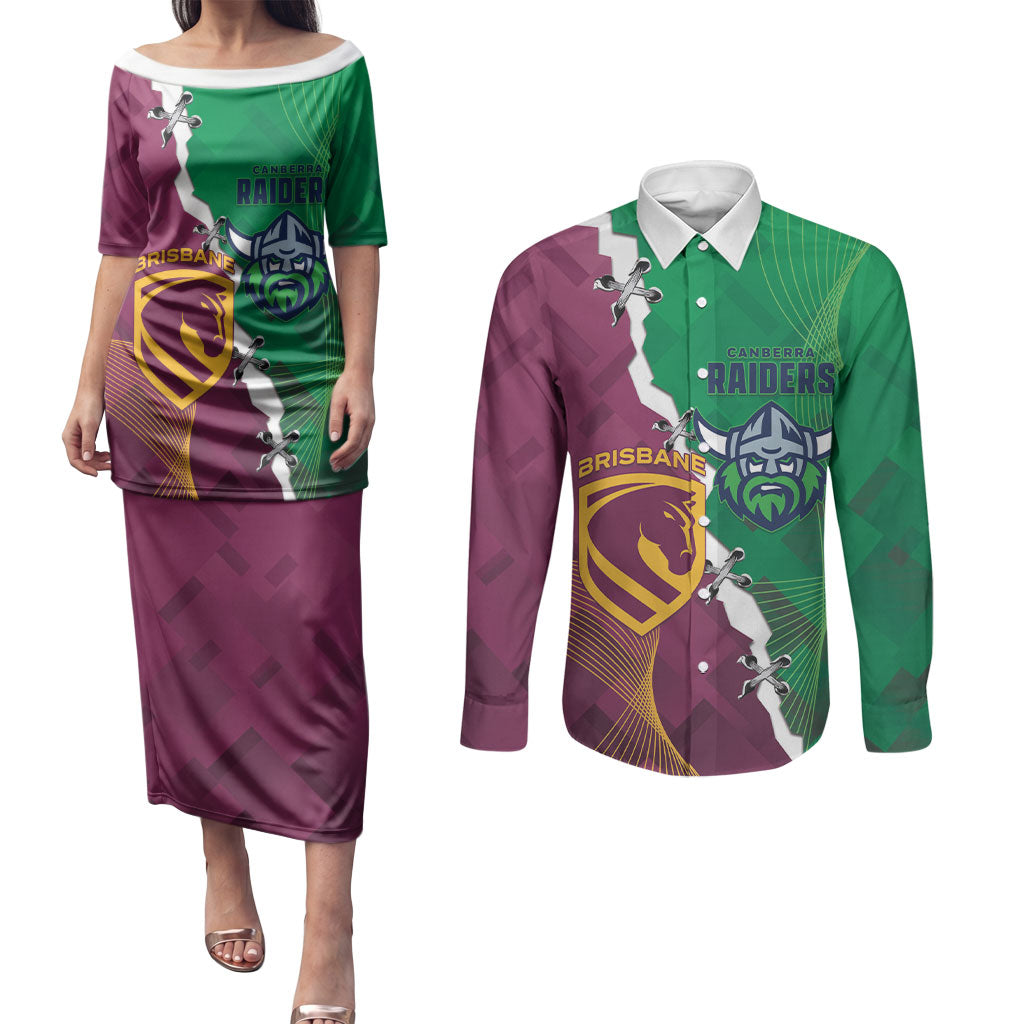 Broncos and Raiders Rugby Custom Couples Matching Puletasi and Long Sleeve Button Shirt Dynamic Version
