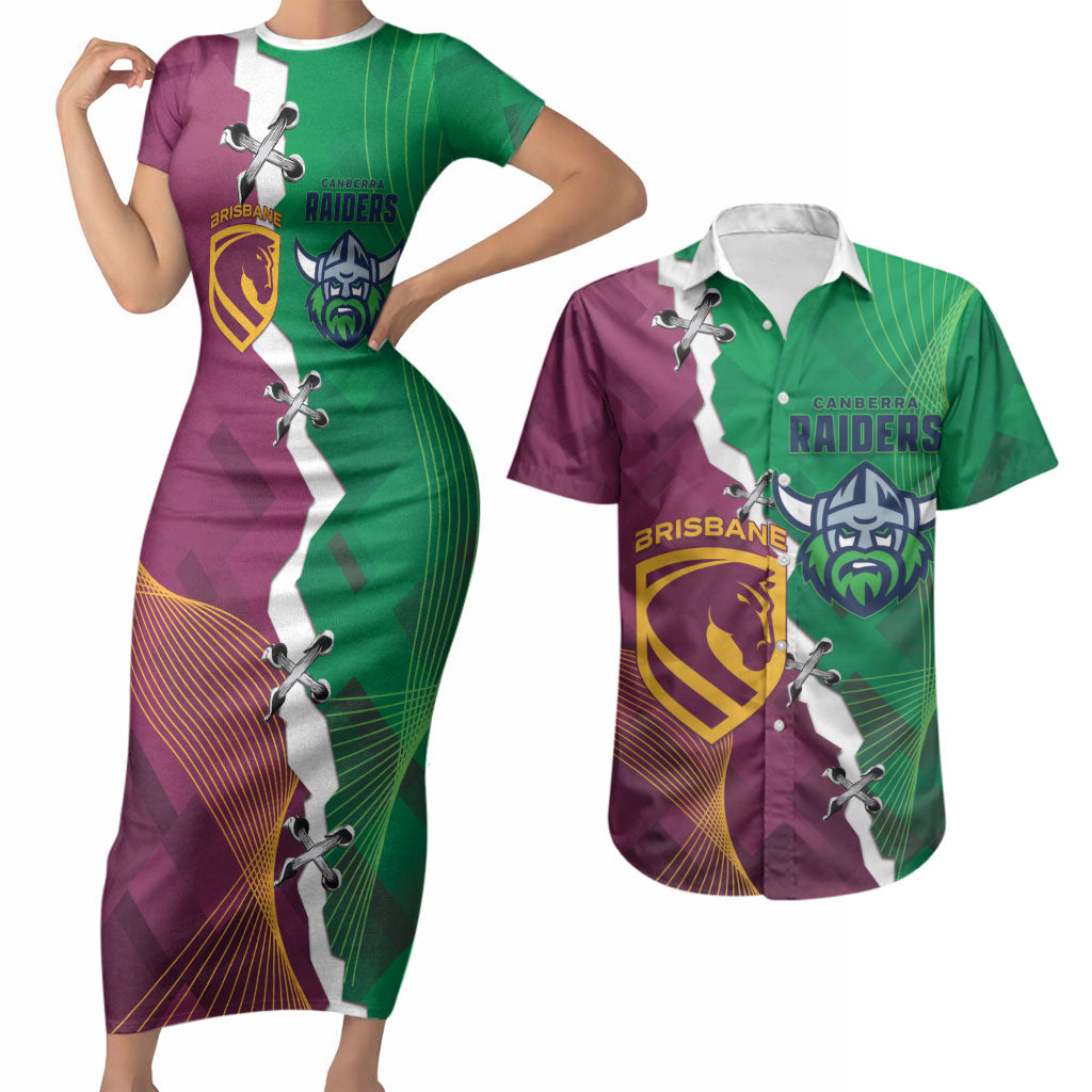 Broncos and Raiders Rugby Custom Couples Matching Short Sleeve Bodycon Dress and Hawaiian Shirt Dynamic Version