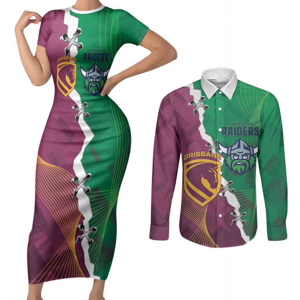 Broncos and Raiders Rugby Custom Couples Matching Short Sleeve Bodycon Dress and Long Sleeve Button Shirt Dynamic Version