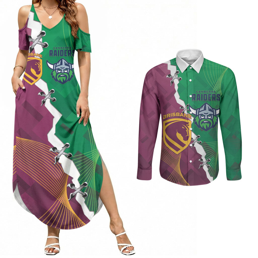 Broncos and Raiders Rugby Custom Couples Matching Summer Maxi Dress and Long Sleeve Button Shirt Dynamic Version