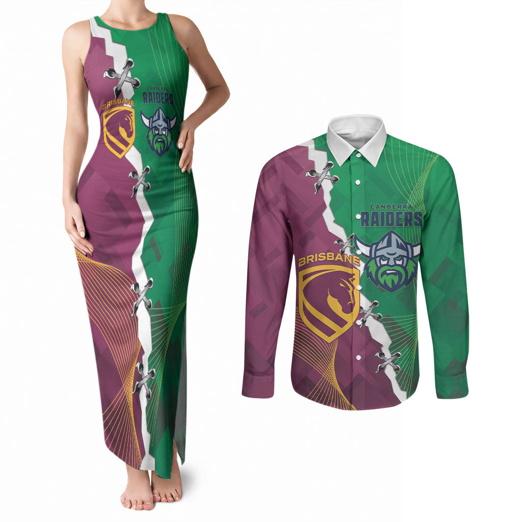 Broncos and Raiders Rugby Custom Couples Matching Tank Maxi Dress and Long Sleeve Button Shirt Dynamic Version