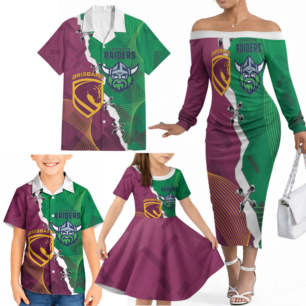 Broncos and Raiders Rugby Custom Family Matching Off The Shoulder Long Sleeve Dress and Hawaiian Shirt Dynamic Version