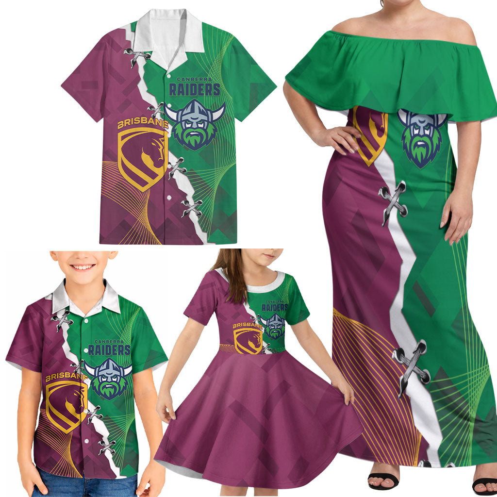 Broncos and Raiders Rugby Custom Family Matching Off Shoulder Maxi Dress and Hawaiian Shirt Dynamic Version