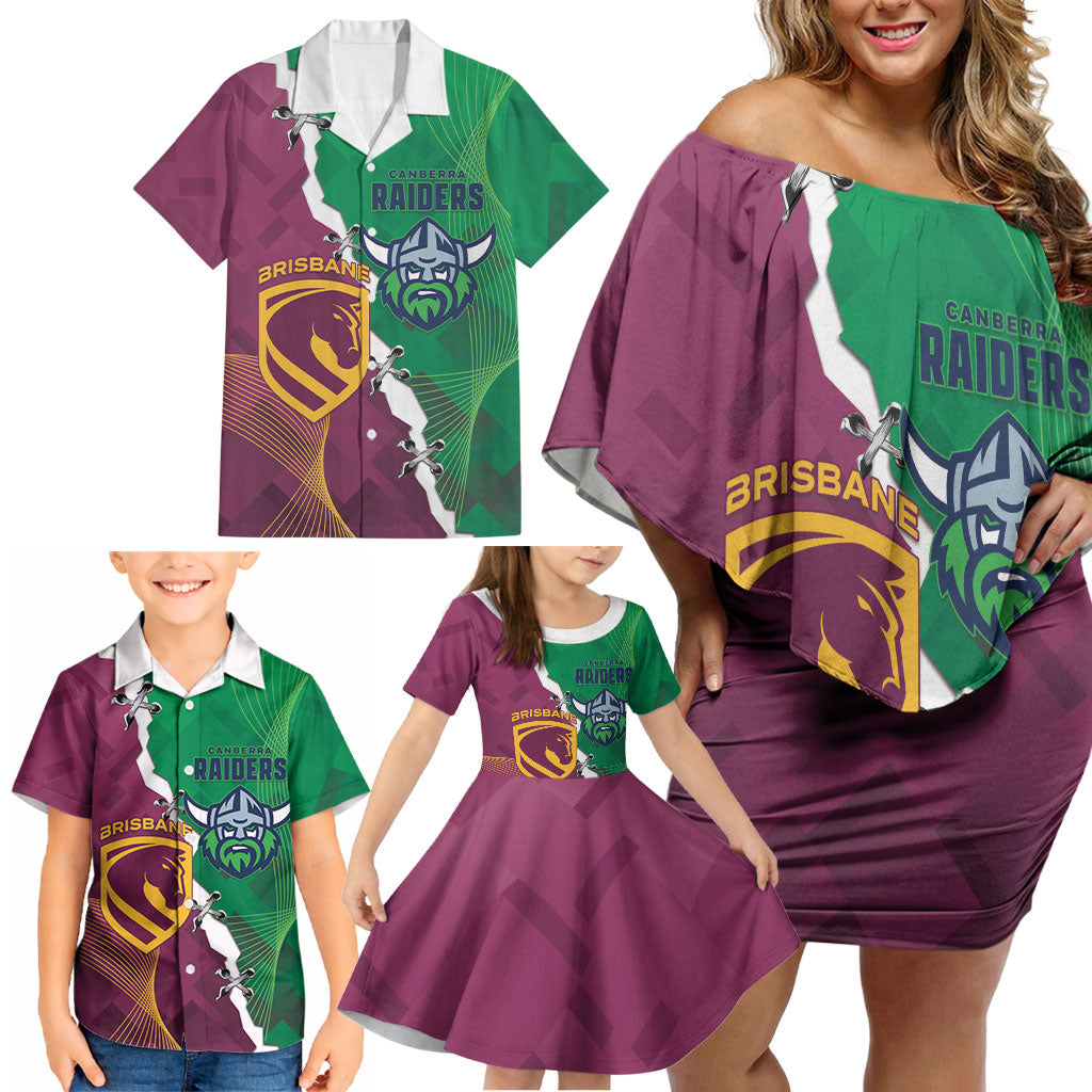 Broncos and Raiders Rugby Custom Family Matching Off Shoulder Short Dress and Hawaiian Shirt Dynamic Version