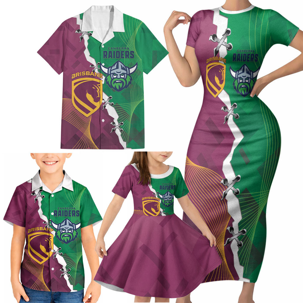 Broncos and Raiders Rugby Custom Family Matching Short Sleeve Bodycon Dress and Hawaiian Shirt Dynamic Version