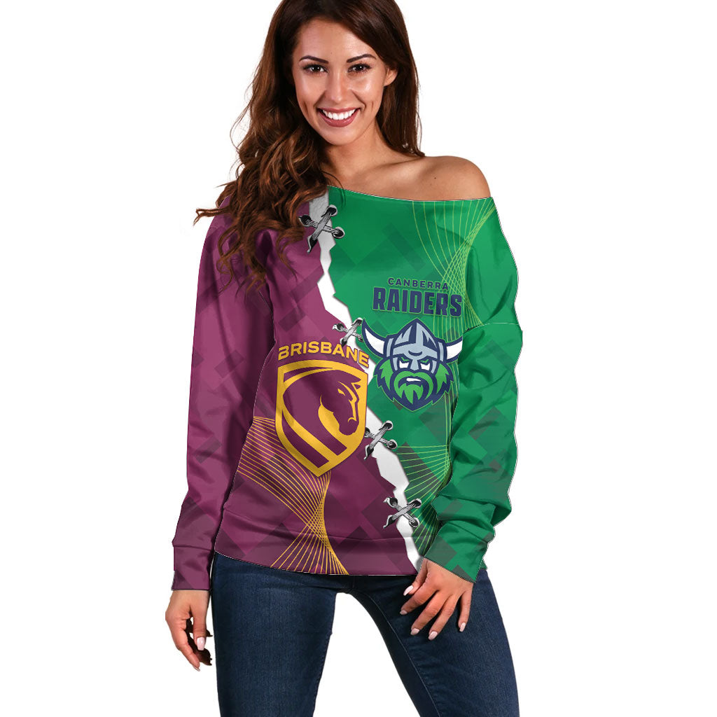 Broncos and Raiders Rugby Custom Off Shoulder Sweater Dynamic Version