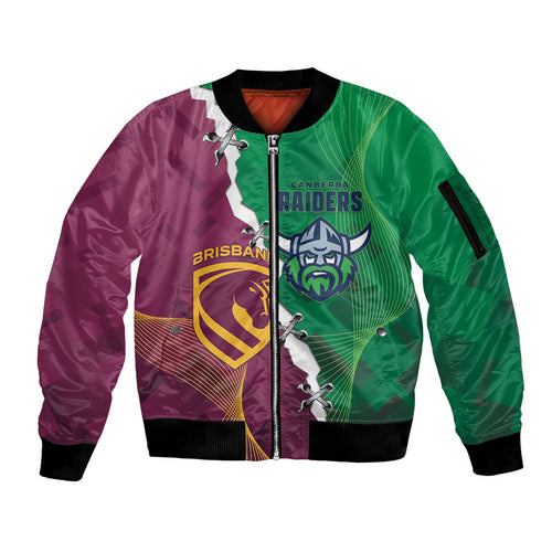 Broncos and Raiders Rugby Custom Sleeve Zip Bomber Jacket Dynamic Version