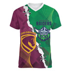 Broncos and Raiders Rugby Custom Women V-Neck T-Shirt Dynamic Version