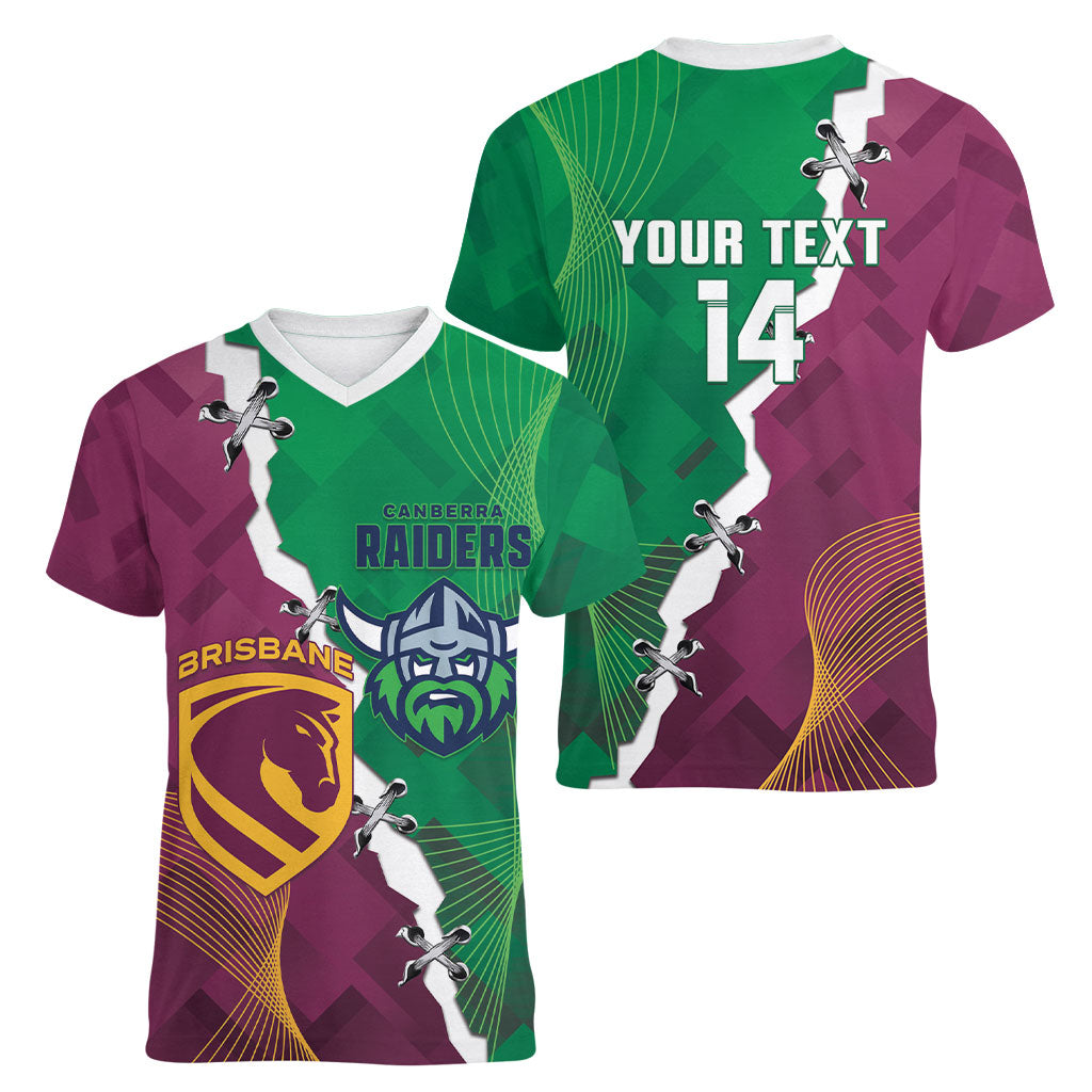 Broncos and Raiders Rugby Custom Women V-Neck T-Shirt Dynamic Version