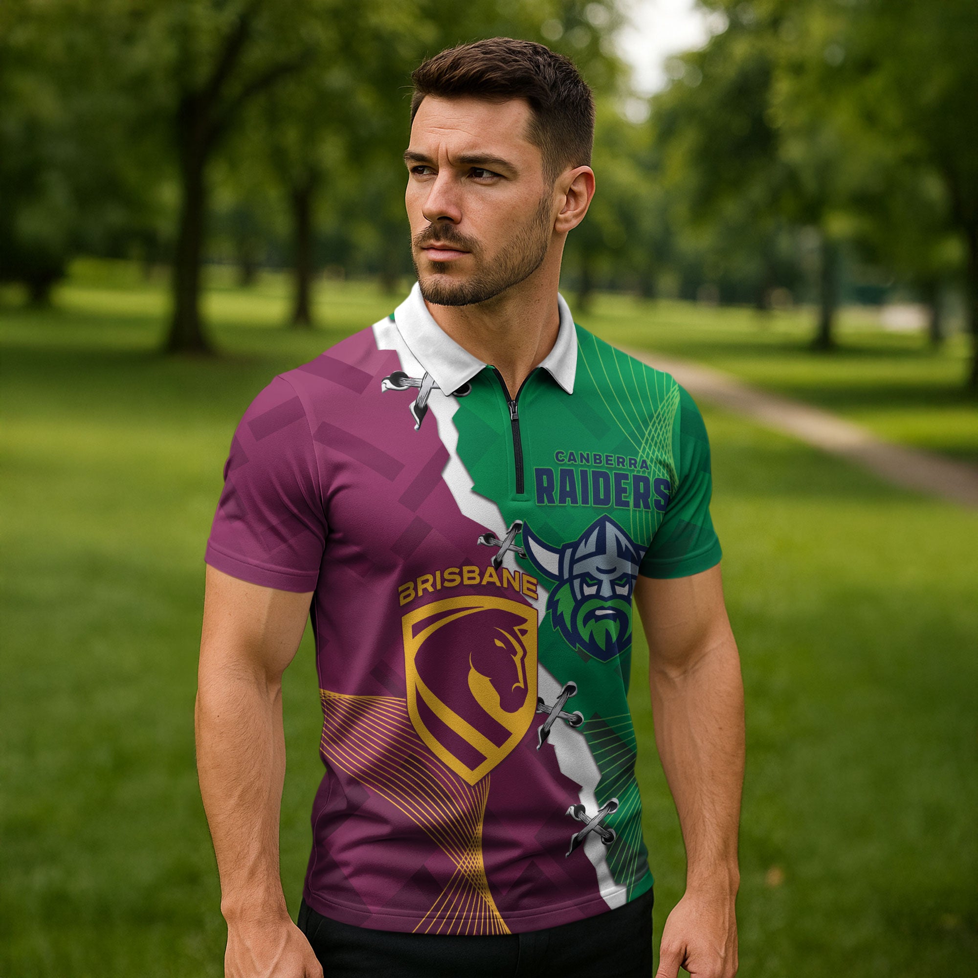 Broncos and Raiders Rugby Custom Zipper Polo Shirt Dynamic Version