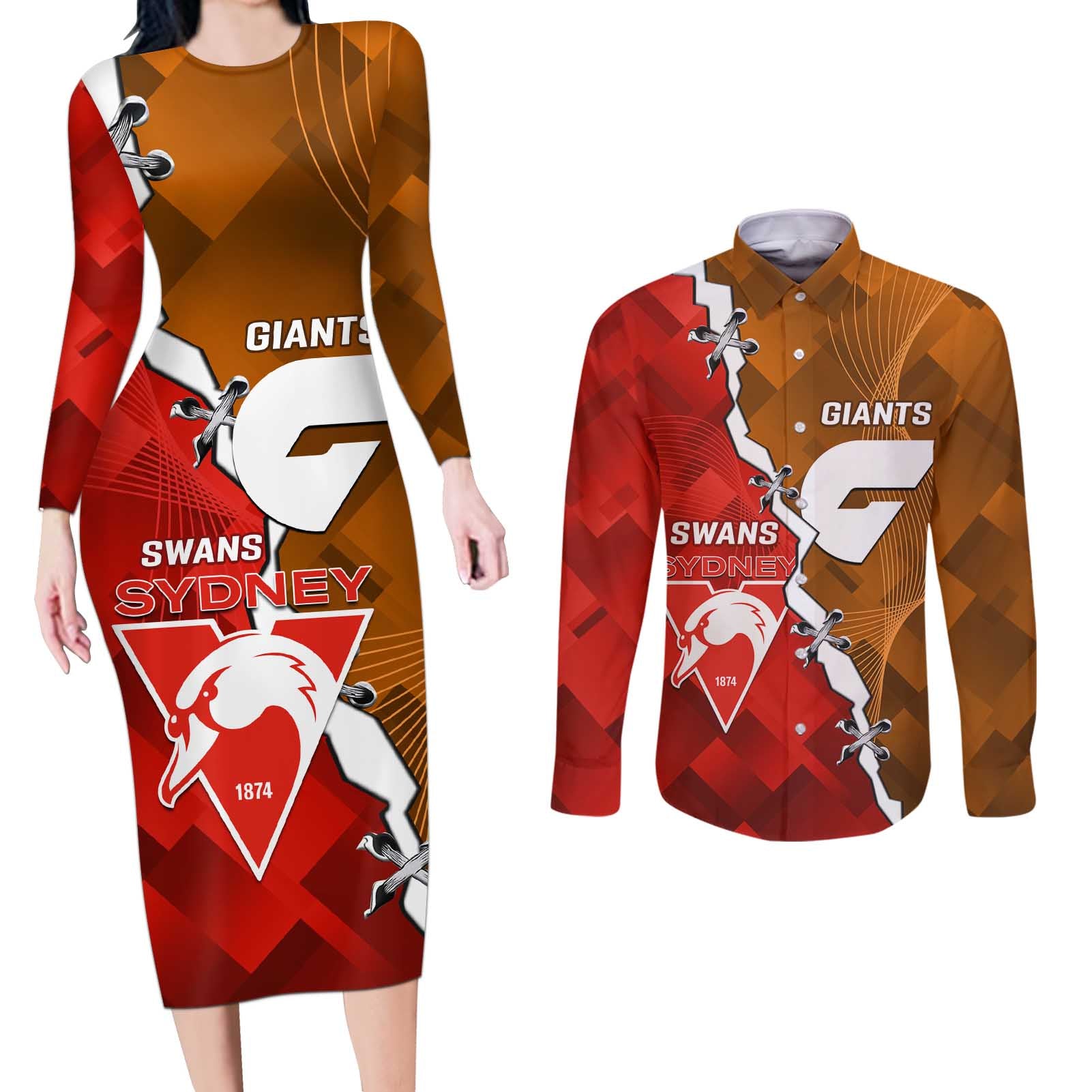 Personalised Giants And Swans Football Couples Matching Long Sleeve Bodycon Dress and Long Sleeve Button Shirt Dynamic Style