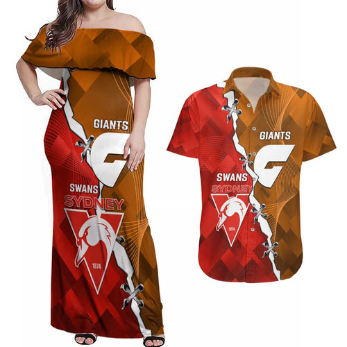 Personalised Giants And Swans Football Couples Matching Off Shoulder Maxi Dress and Hawaiian Shirt Dynamic Style