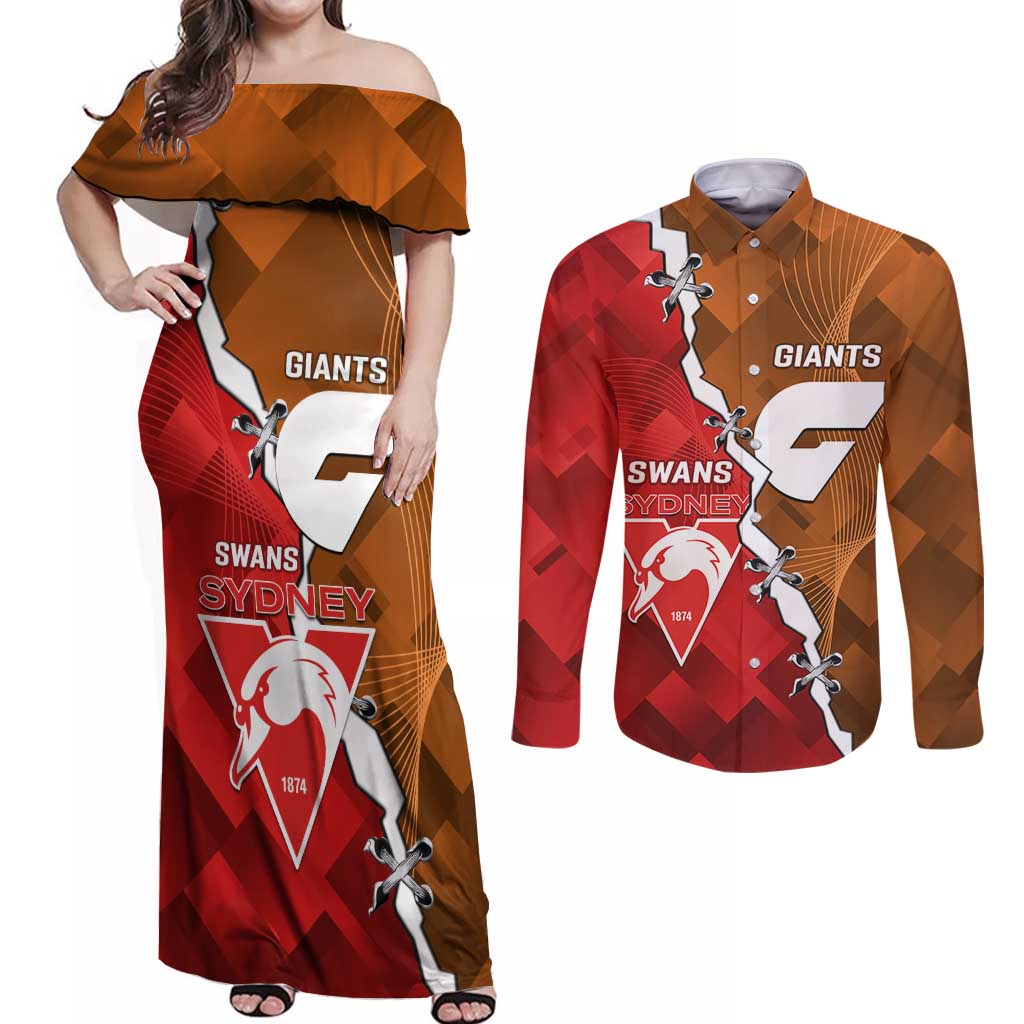 Personalised Giants And Swans Football Couples Matching Off Shoulder Maxi Dress and Long Sleeve Button Shirt Dynamic Style
