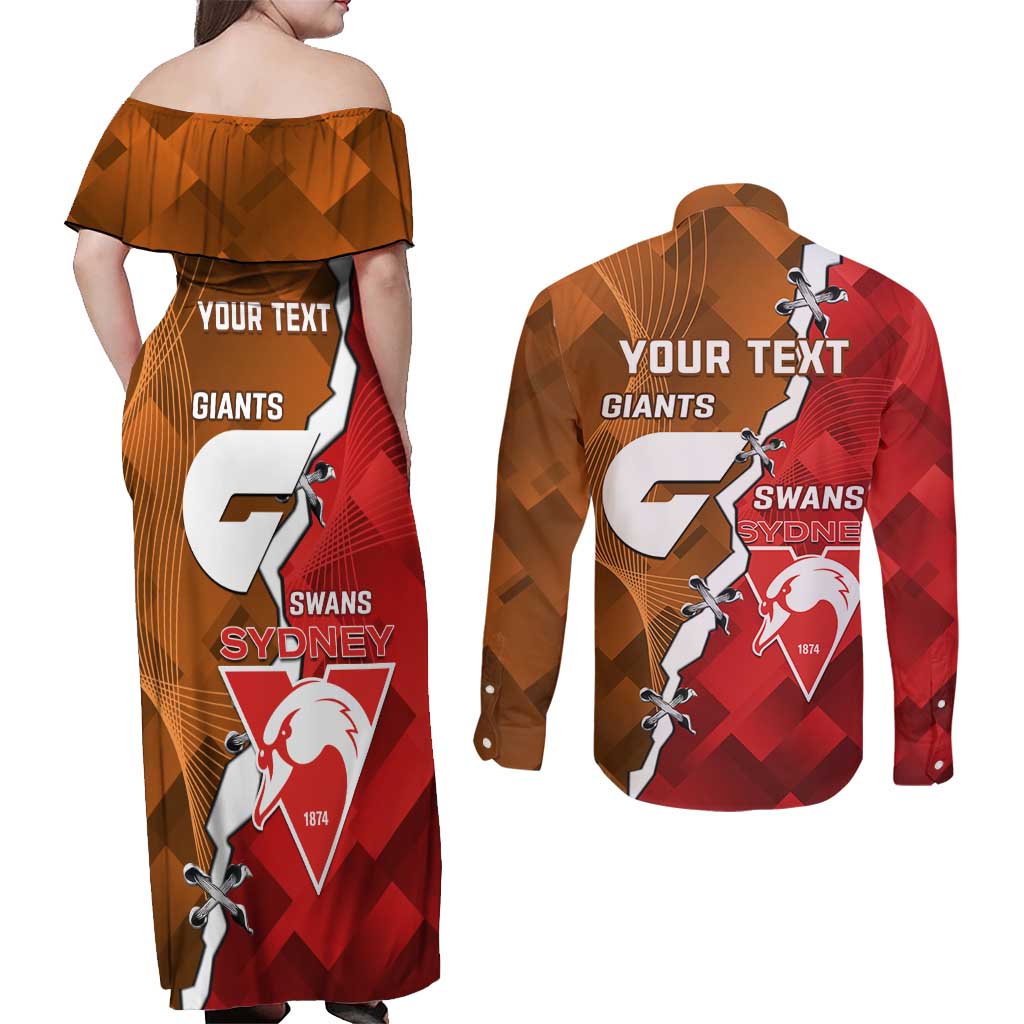Personalised Giants And Swans Football Couples Matching Off Shoulder Maxi Dress and Long Sleeve Button Shirt Dynamic Style