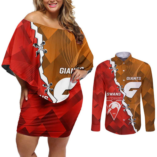 Personalised Giants And Swans Football Couples Matching Off Shoulder Short Dress and Long Sleeve Button Shirt Dynamic Style
