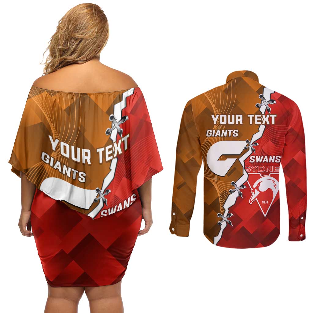 Personalised Giants And Swans Football Couples Matching Off Shoulder Short Dress and Long Sleeve Button Shirt Dynamic Style