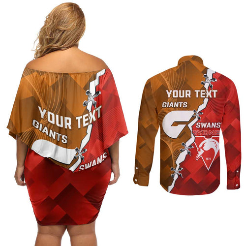 Personalised Giants And Swans Football Couples Matching Off Shoulder Short Dress and Long Sleeve Button Shirt Dynamic Style