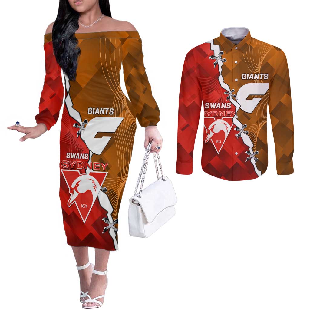 Personalised Giants And Swans Football Couples Matching Off The Shoulder Long Sleeve Dress and Long Sleeve Button Shirt Dynamic Style
