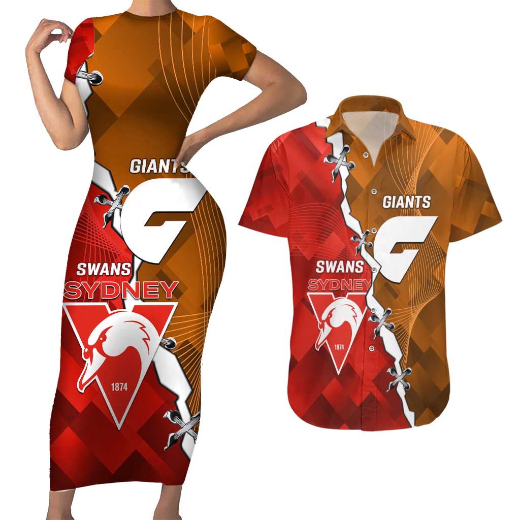 Personalised Giants And Swans Football Couples Matching Short Sleeve Bodycon Dress and Hawaiian Shirt Dynamic Style