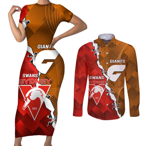 Personalised Giants And Swans Football Couples Matching Short Sleeve Bodycon Dress and Long Sleeve Button Shirt Dynamic Style