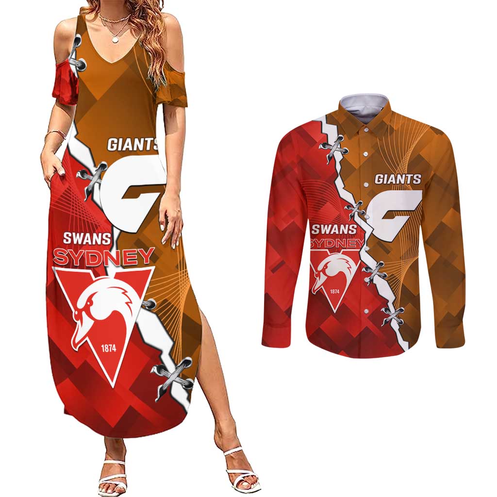 Personalised Giants And Swans Football Couples Matching Summer Maxi Dress and Long Sleeve Button Shirt Dynamic Style