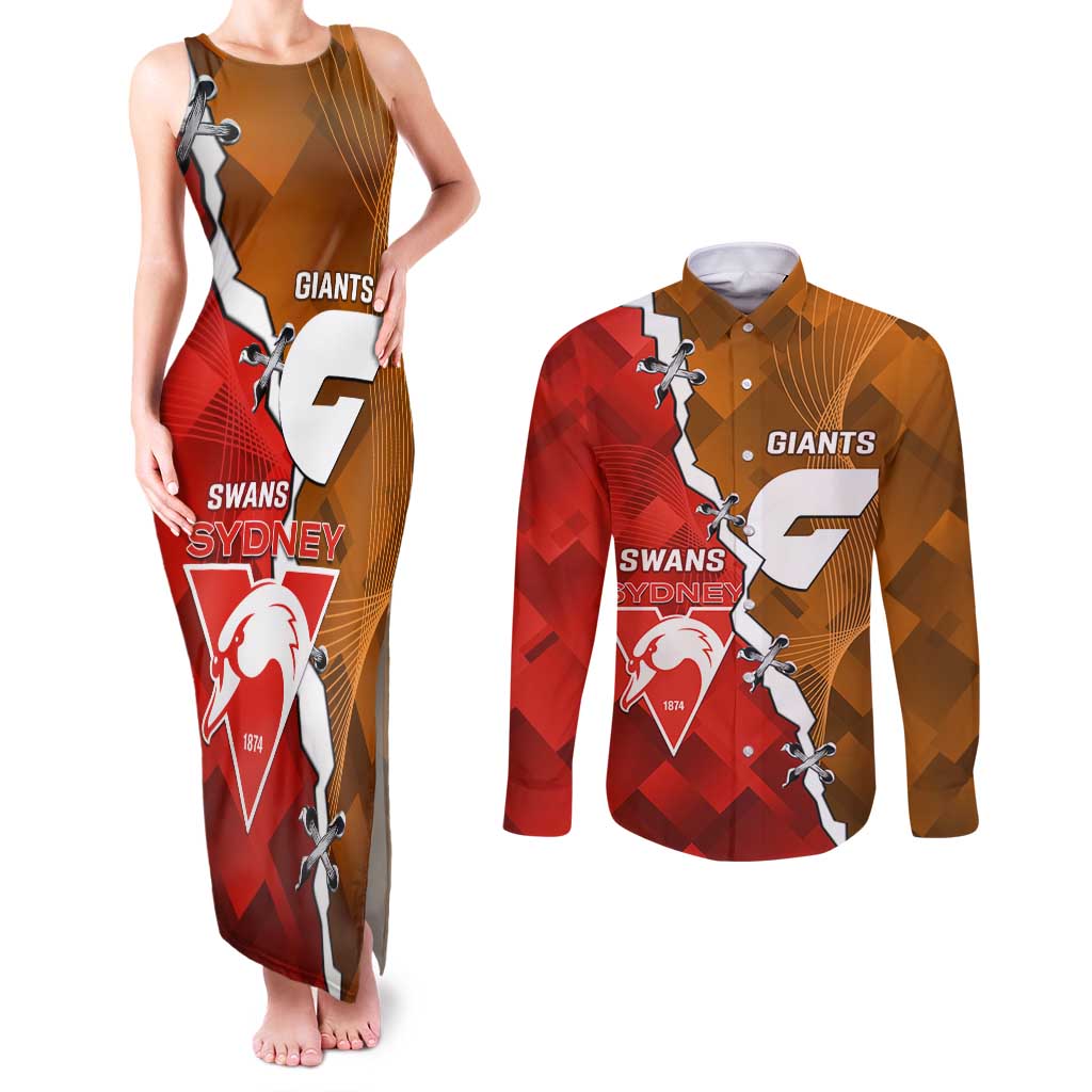 Personalised Giants And Swans Football Couples Matching Tank Maxi Dress and Long Sleeve Button Shirt Dynamic Style