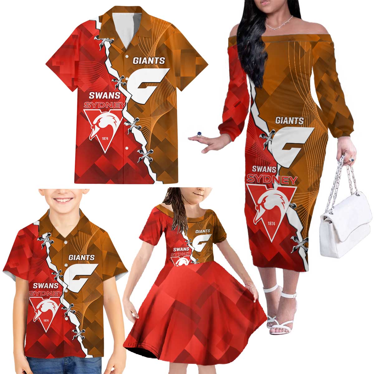 Personalised Giants And Swans Football Family Matching Off The Shoulder Long Sleeve Dress and Hawaiian Shirt Dynamic Style