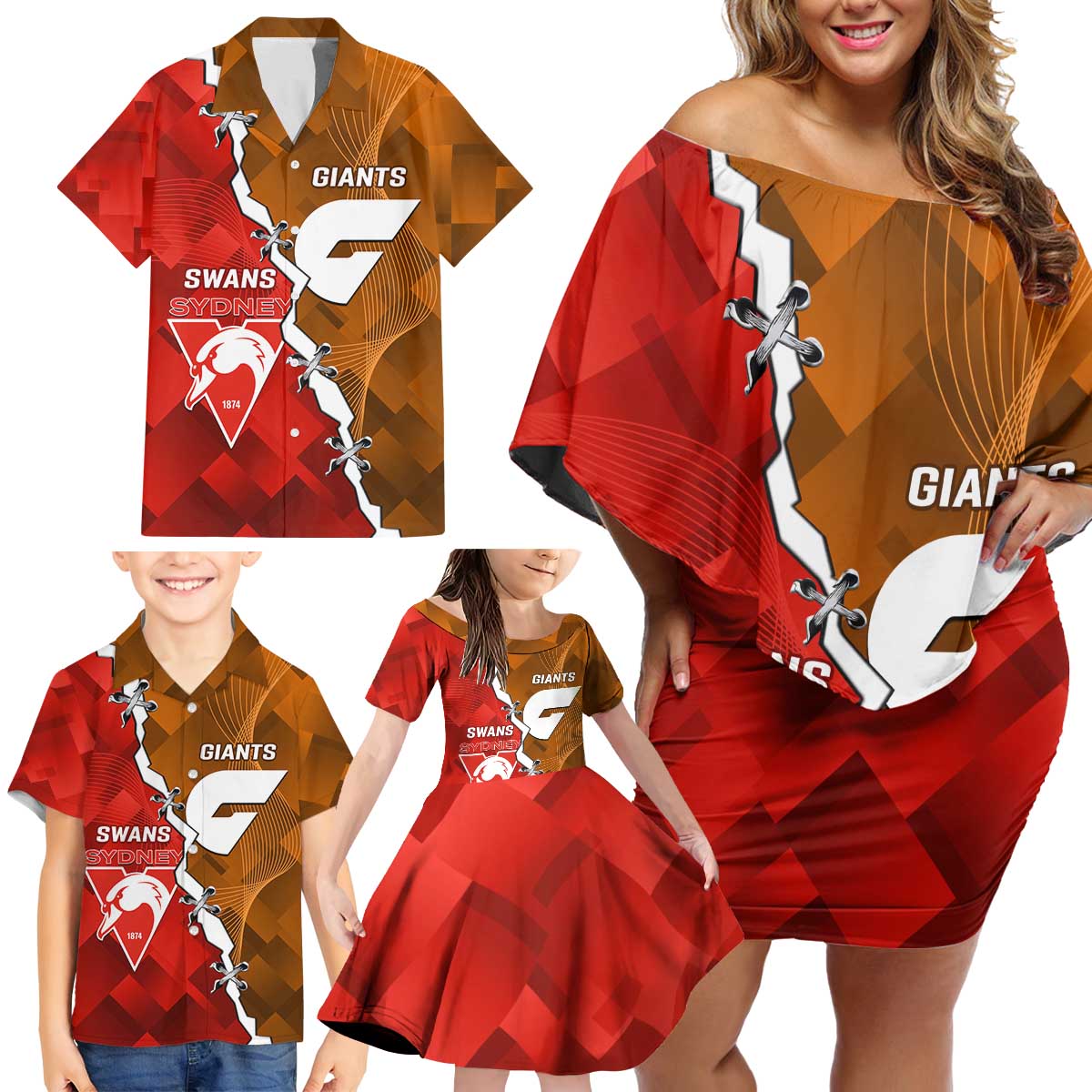 Personalised Giants And Swans Football Family Matching Off Shoulder Short Dress and Hawaiian Shirt Dynamic Style