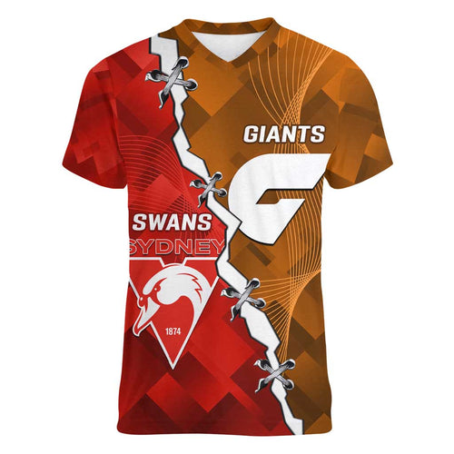 Personalised Giants And Swans Football Women V-Neck T-Shirt Dynamic Style