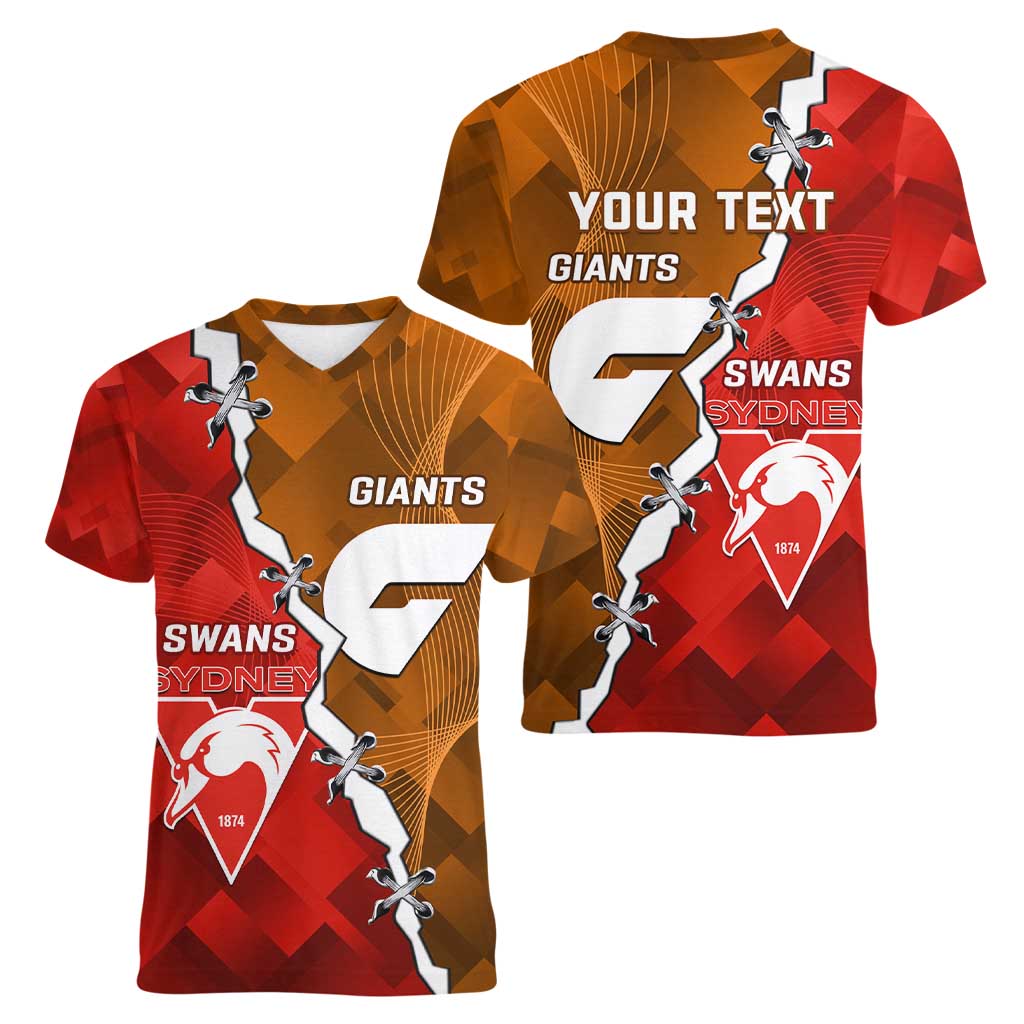 Personalised Giants And Swans Football Women V-Neck T-Shirt Dynamic Style