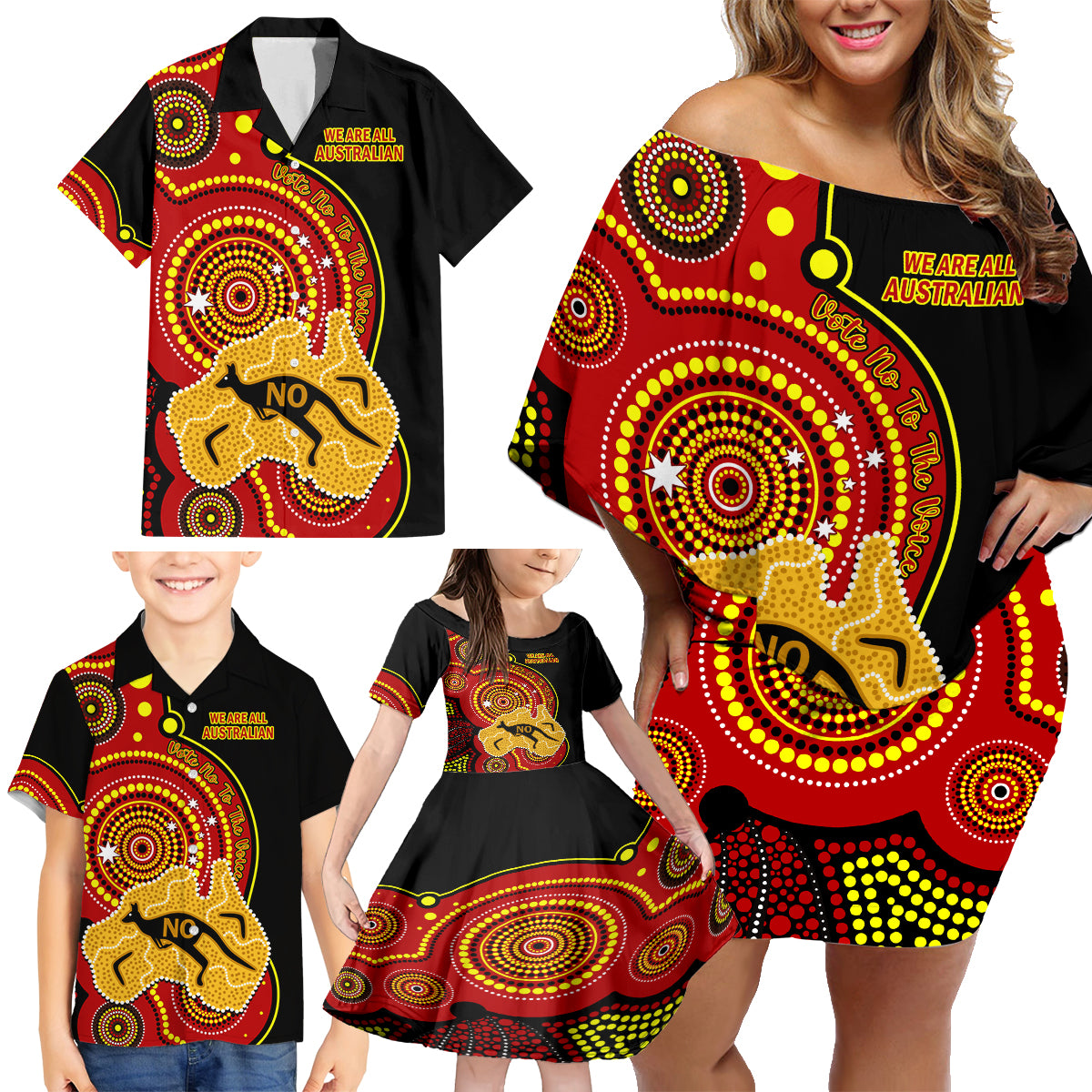 personalised-australia-indigenous-family-matching-off-shoulder-short-dress-and-hawaiian-shirt-we-are-all-australian-vote-no-to-the-voice
