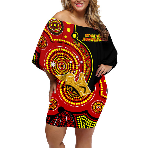 personalised-australia-indigenous-family-matching-off-shoulder-short-dress-and-hawaiian-shirt-we-are-all-australian-vote-no-to-the-voice