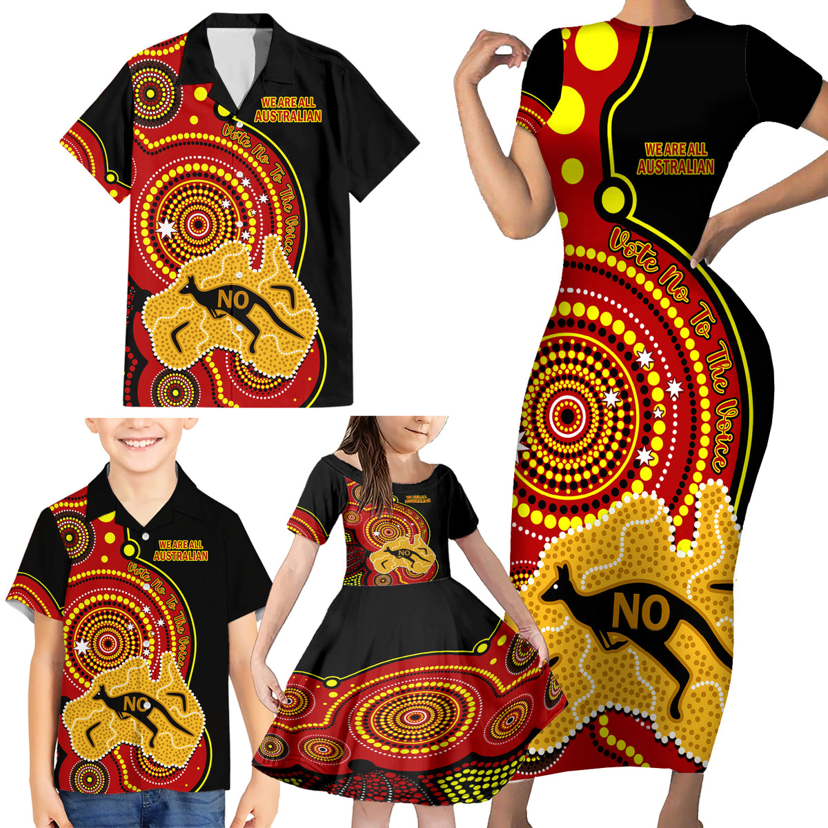 personalised-australia-indigenous-family-matching-short-sleeve-bodycon-dress-and-hawaiian-shirt-we-are-all-australian-vote-no-to-the-voice