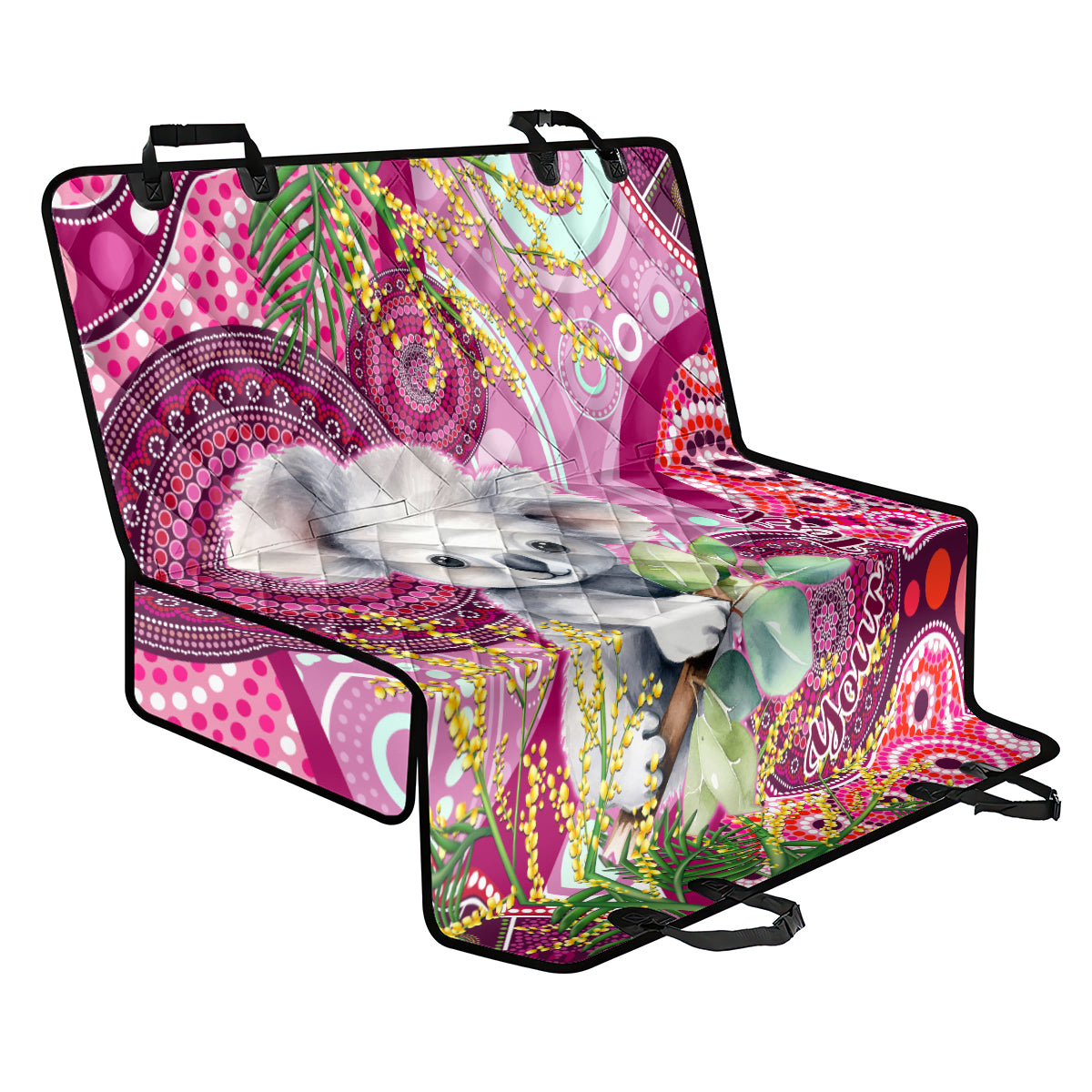 personalised-australia-back-car-seat-cover-cute-koala-with-golden-wattle-indigenous-art