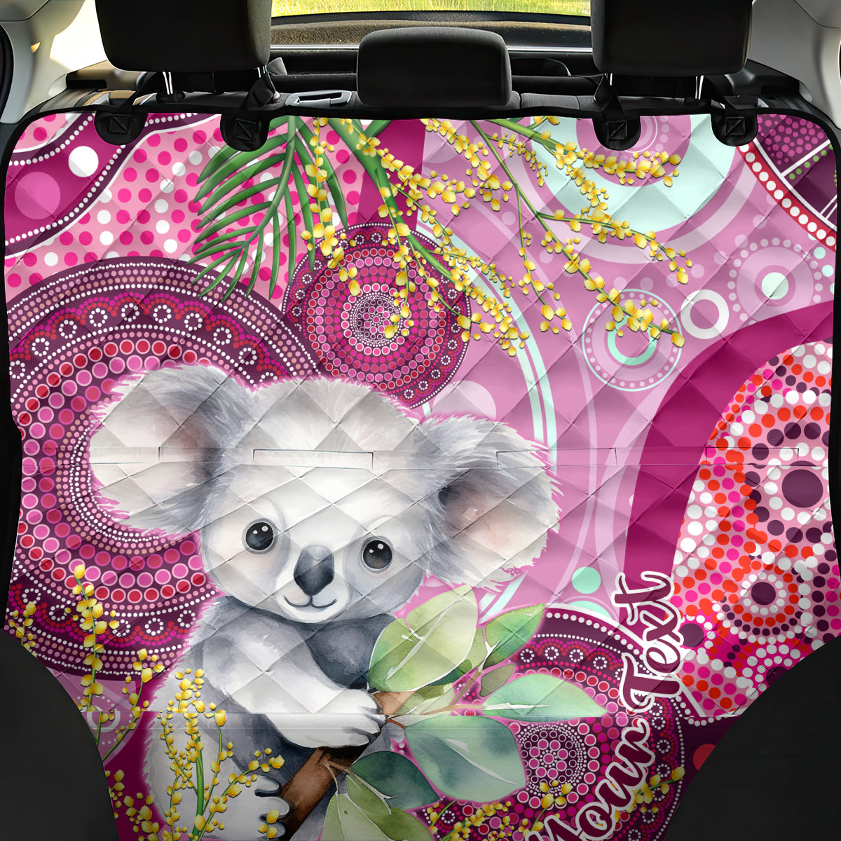 personalised-australia-back-car-seat-cover-cute-koala-with-golden-wattle-indigenous-art
